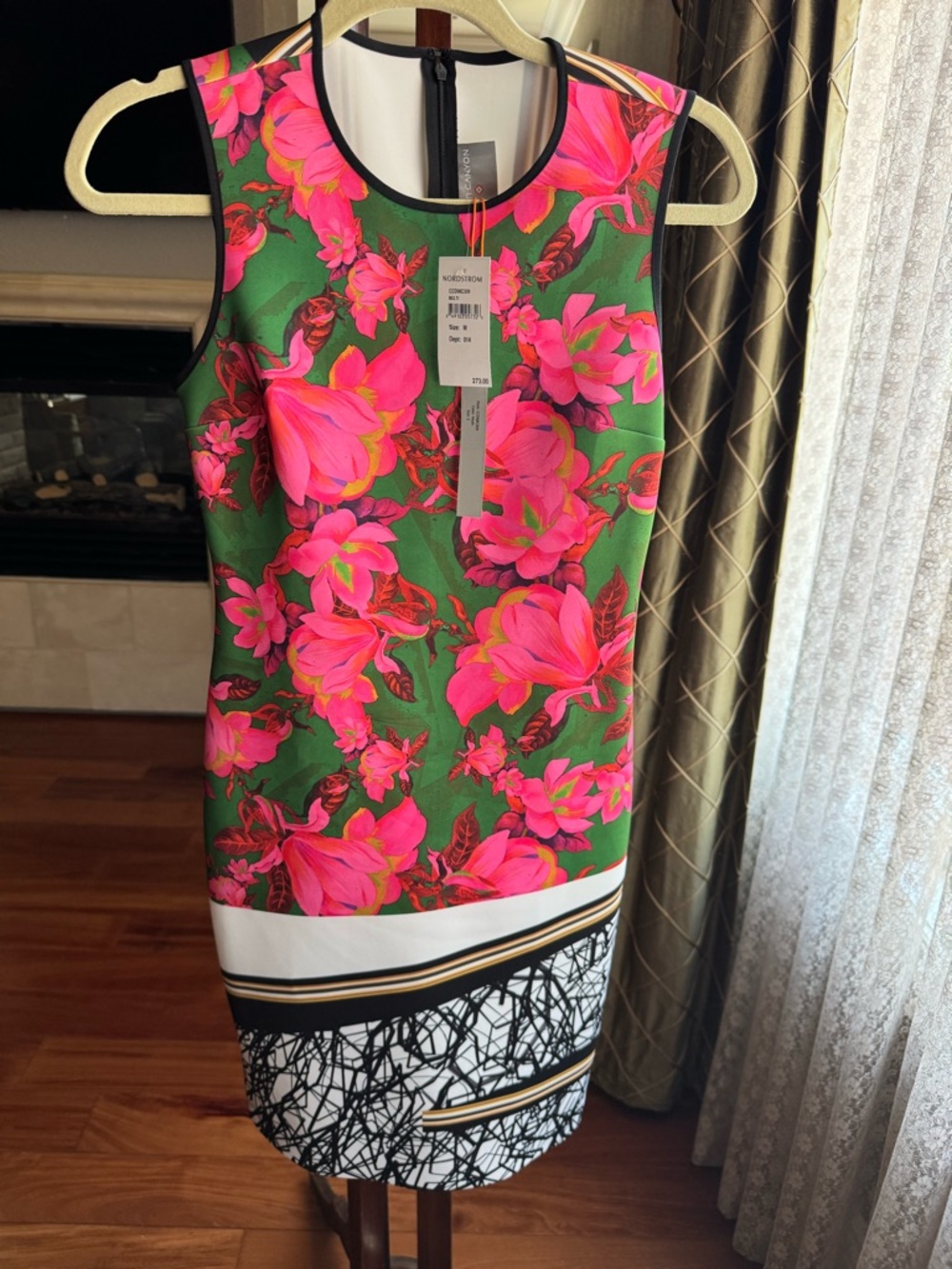 Clover Canyon Green Sheath Dress with Hot Pink Floral Print